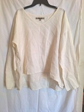 FLAX Womens 100% Linen Top  White Long Sleeve Boatneck Pullover Sz L Lagenlook  picture