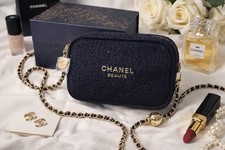 CHANEL Beauty Holiday Pouch Navy Tweed + added Gold Chain Camellia GWP With Box picture