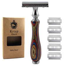 NEW ELEGANT WOODEN HANDLE DOUBLE EDGE SAFETY RAZOR WET SHAVE + 5 SHAVING BLADES picture