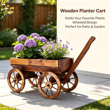 Rustic Wood Wagon Flower Planter Pot Stand W/Wheels Home Garden Outdoor Decor US picture