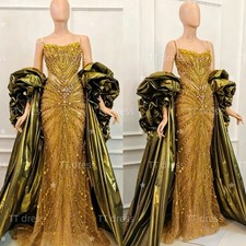 Luxury Gold Beaded Mermaid Evening Dress Detachable Sleeves Formal Party Gown picture