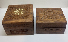 Lot of 2 Small Wooden Floral Box Keepsake Storage Hand Carved Lined Jewelry Box picture