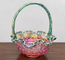 Fenton Rose Magnolia Iridized Sea Green Crest Basket Signed Bill Fenton picture