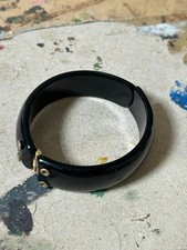 1940s Black Bakelite Clamper Bracelet Hinged Cuff Brass Hardware Vintage picture