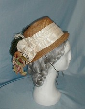 Rare Tall Crown Antique Hat Victorian 1870 Beige Straw Floral and Feather Trims picture