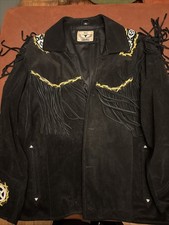 Bull Genuine Leather Western Fringe 70’s Native Style Beading Coat Black picture