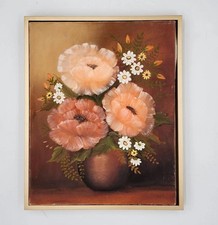 Vintage Mid-Century Peony Original Oil Painting Framed Floral Still Life Art  picture
