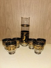 Vintage MCM Culver 22KT Cocktail Pitcher & Six Glasses Set of 7 black and Gold picture