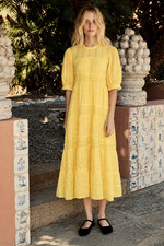 Doen Minetta Dress S 6 Casual Tiered Embroidered Cotton Yellow Midi NEW 47297 picture