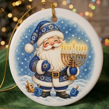 Hanukkah Santa Ornament, Menorah & Dreidel Jewish Holiday Decor picture