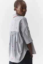 Maeve By Anthropologie Mabel Boxy Oxford Embroidered Button Shirt Womens L Blue picture