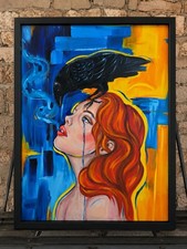 Original Acrylic Painting ‘Woman with Crow’ Home Decor Art 24”x36”  picture