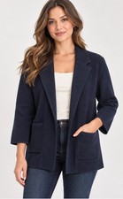 Quince Women's Navy Blue Knit Open Front Blazer Jacket Notch Lapel Patch Pockets picture