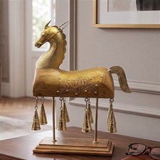 Vtg Decorative Wood & Brass Horse Sculpture with Hanging Bells 13