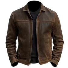Men’s Cafe Racer Distressed Brown  Motorcycle Biker Real Leather Jacket picture