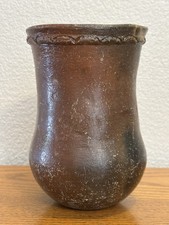 Vintage Hand Built Folk Pottery Vessel 6.5” Brown Clay Rope Band Primitive Art picture