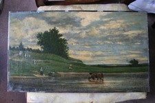 Oil on canvas farm land-scape painting signed 