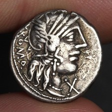 Roma Head Denarius 123BC Ancient Roman Republic Silver Coin Fannius Toning Rome picture