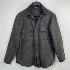 Vintage 70s Woolrich Gray Herringbone Wool Shirt Jacket Men's L Corduroy Collar picture