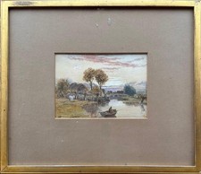 19th Century Watercolour Landscape River Scene Rural Village Signed JMP Framed picture