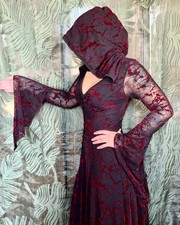 Rare Archival Punk Rave Red & Black Flocked Velvet Hooded Gothic Dress M/L picture