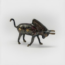 Vintage Indian Brass Bull Sculpture Hand Engraved Painted Folk Art Decor picture