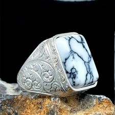 Men’s White Turquoise Ring 925 Sterling Silver Handmade Ottoman Engraved Gift picture