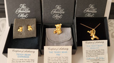 Vtg. Franklin Mint 24k Plated Teddy Bear Necklace, Pin and Earrings with Boxes picture