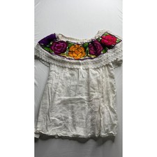 Mexican Embroidered Floral Peasant Blouse White Cotton Gauze Lace Off Shoulder picture