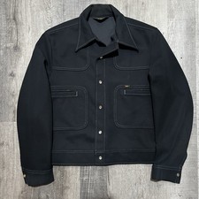 VTG 70s Lee Dark Navy Blue Polyester Crop Style Pearl Snap Point Collar Jacket picture