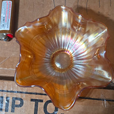 Amber Iridescent Carnival Glass Sunburst Pattern Ruffled Round Bowl picture