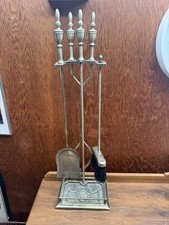 Antique Ornate Brass Fireplace Tool Set 4PC Cameo Victorian Fireside 32” picture
