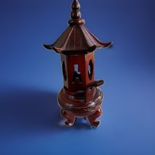 Chinese Pagoda Style Wooden Incense Burner Censer w/ Tripod Feet Brown/Red picture