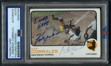 Fergie Jenkins & Pat Corrales signed 1973 Topps Card I WAS SAFE inscription PSA picture