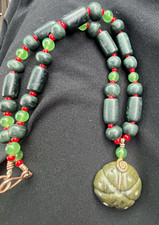 Vintage Chinese carved dark green Jade melon pendant necklace ( 1950-1980 ) picture