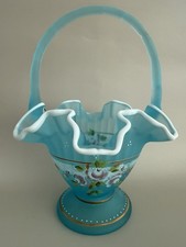 Vintage Fenton Hand Painted Blue Satin Glass Basket picture