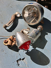 Vintage Metal Bicycle Head & Tail Light Set w/ Mounting Brackets Silver Red picture