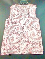 FLAX Linen Sleeveless Top, SMALL Red & White Floral Paisley A-Line Lagenlook NEW picture