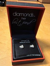 New Macy's Sterling Silver .925 Heart Real Diamond Stud Earrings 1/10 CT Boxed  picture