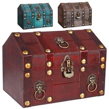 Large Vintage Wooden Treasure Chest Box with Metal Lock Antique Wood Jewelry ... picture