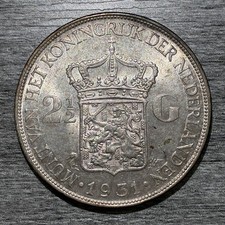 Netherlands 2 1/2 Gulden 1931 Silver Coin AU-UNC Condition Wilhelmina picture