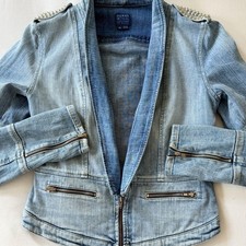GUESS Light Wash Studded Denim Moto Jacket Blue Silver Y2K Size M W31N08D0KE1 picture