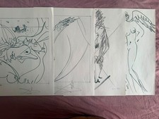 A LOT OF 4 SALVADOR DALI DRAWING ON OLD PAPER SIGNED STAMPED HANDMADE picture