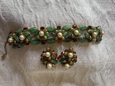 Vintage Stacked Bracelet & Earrings Green Marquee Stones Pearls & Amber Stones picture