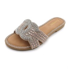 Lurnyet Women's Comfort Cushion Crystal Rhinestone Slide Flat Slip-On Sandals picture