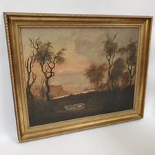 Antique Pastoral Landscape Oil Painting Grazing Cattle Ornate Gold Frame 34x28