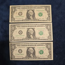 $1 Fancy Serial Number 3-Note Lot - Symmetrical Radar, Binary, Block Repeater picture