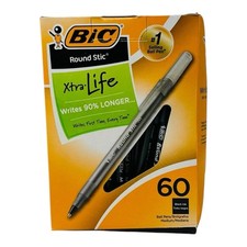 60 Pens BIC Pens Black Round Stic Xtra-Life Medium Point Ballpoint Pen Black Ink picture