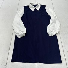 Shein Navy White Collared Long Puff Sleeve Short Dress Womens Size Medium NEW picture