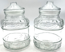 Vintage Clear Glass Cookie Jar Canister Set Fruit Pattern Rubber Seals KIG picture
